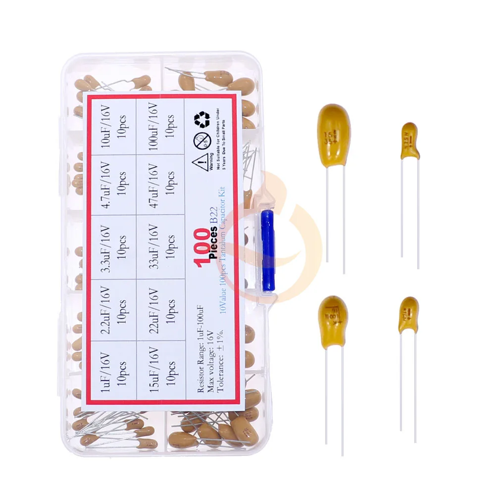 100 Uds 10 valores x 10 Uds 16V Kit surtido de condensadores de tantalio 1uF 2,2uF 3,3uF 4,7uF 10uF 15uF 22uF 33uF 47uF 100uF