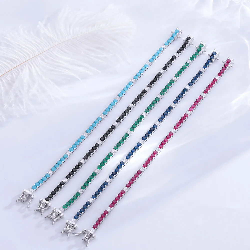 Joyería Fina, pulsera de tenis de plata 925 con circonita cúbica azul Montana/verde esmeralda/rojo rubí/turquesa/negro de 3mm