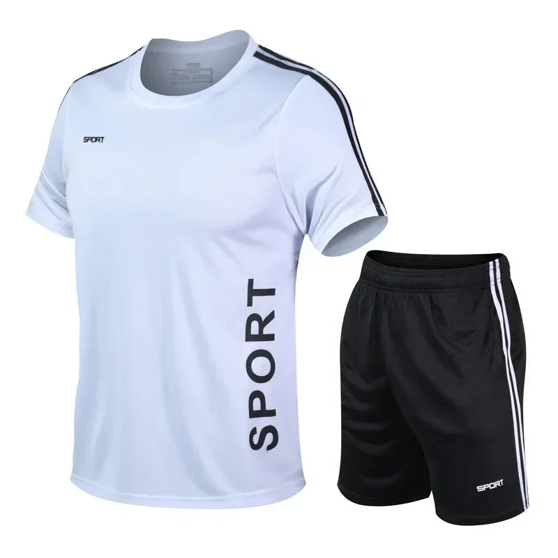 Ropa deportiva para correr para hombre, camiseta con estampado de poliéster y pantalones cortos, traje deportivo de secado rápido, conjunto de 2 piezas para correr, verano 2024