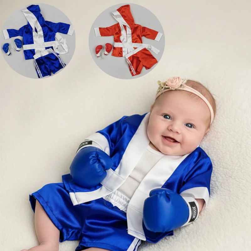 Accesorios de fotografía recién nacido, conjunto de traje de boxeo para bebé, bata, guantes, pantalones cortos, disfraz de campeón de boxeo, regalo de ducha para sesión de fotos infantil