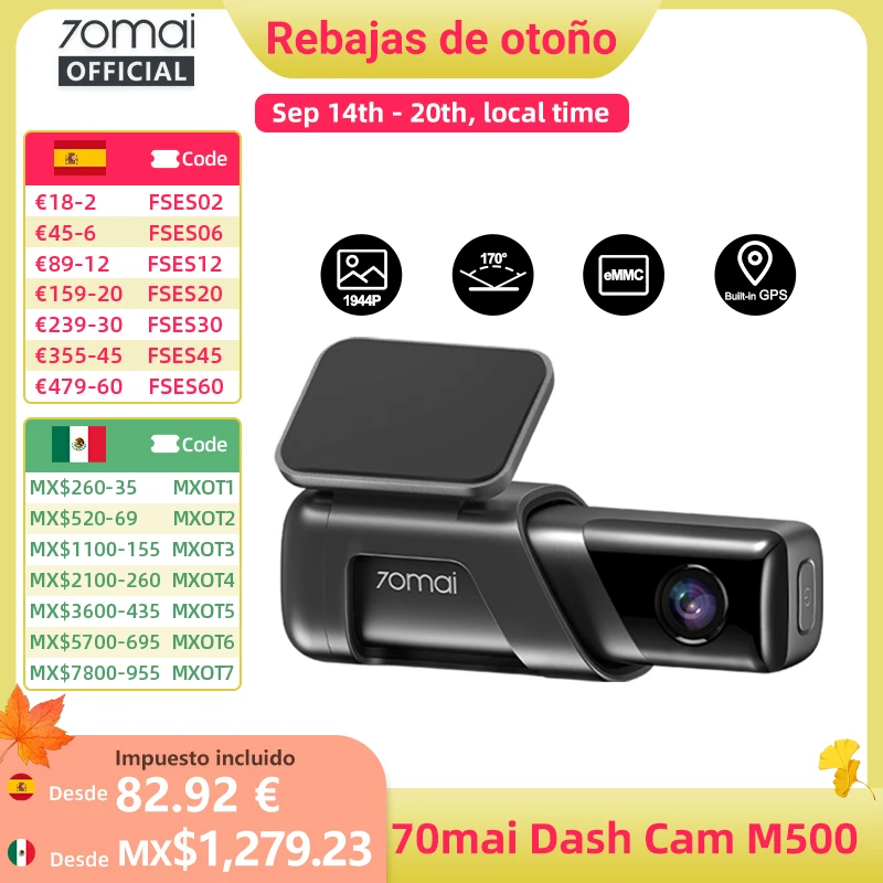 Cámara para Auto 70mai Dash Cam M500 1944P 170FOV, Grabadora DVR con GPS, ADAS, Monitor de Estacionamiento 24H, Almacenamiento EMMC Integrado