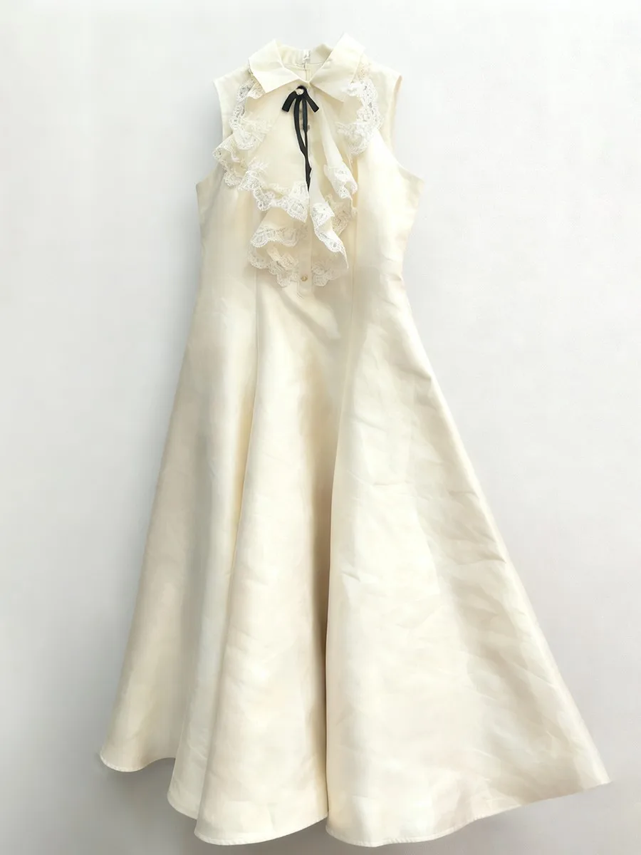 TWOTWINSTYLE, vestidos largos elegantes adelgazantes de encaje empalmado para mujer, vestido sin mangas con solapa de cintura alta con lazo de retales, vestido femenino nuevo