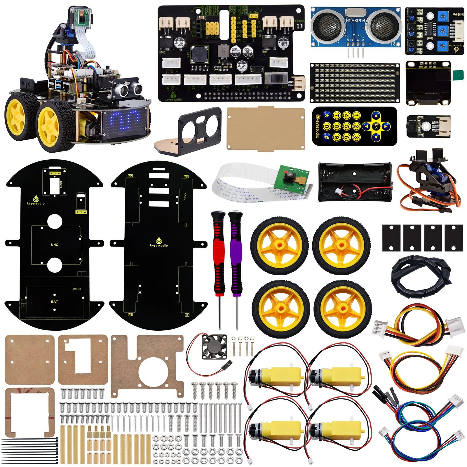 Kit de coche Robot inteligente Keyestudio 4WD para Raspberry Pi con módulo de cámara megapíxeles y tutoriales de programación (sin placa RPI 4B)