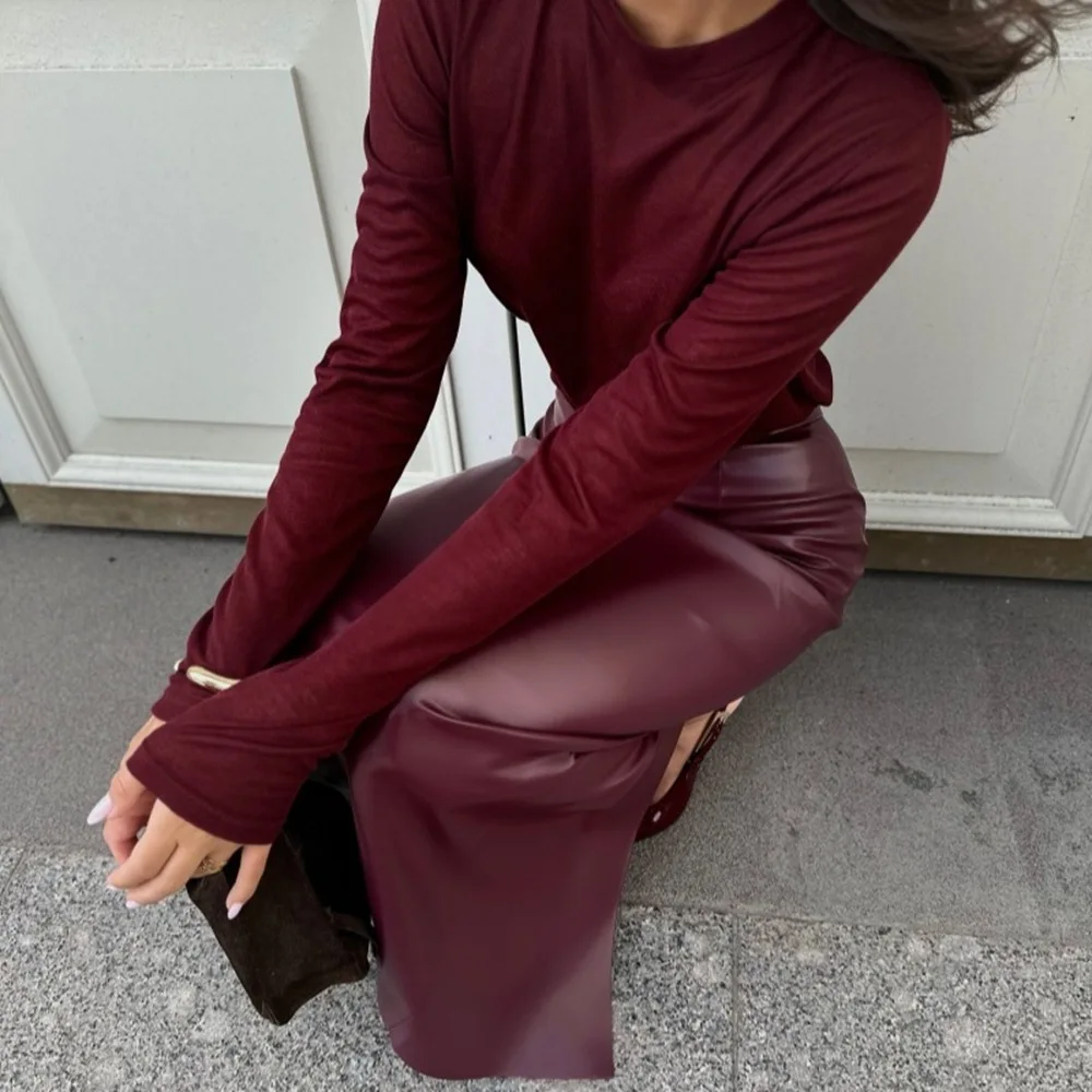 ZAROY Falda Midi de cuero Burdeos para mujer, elegante falda de tubo ajustada de cintura alta con abertura, falda Sexy Vintage de fiesta de PU, Jupe юбка д