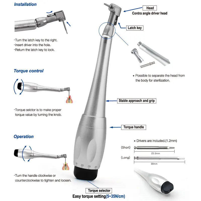 JUMTOP Llave dinamométrica universal para implante dental con 12 conductores, cabezal de pestillo para odontología, pieza de mano de 5 a 35 N.cm