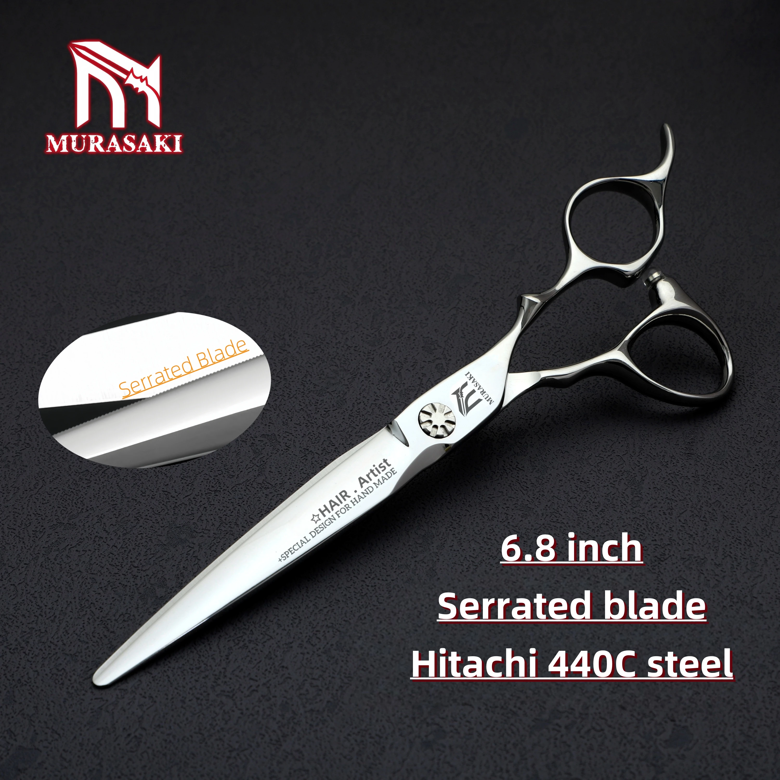 Tijeras de Barbero Profesionales MURASAKI, Tijeras con Hoja Dentada de 6.5-6.8 Pulgadas, Acero Japonés 440C de Alta Calidad para Cortar el Cabello