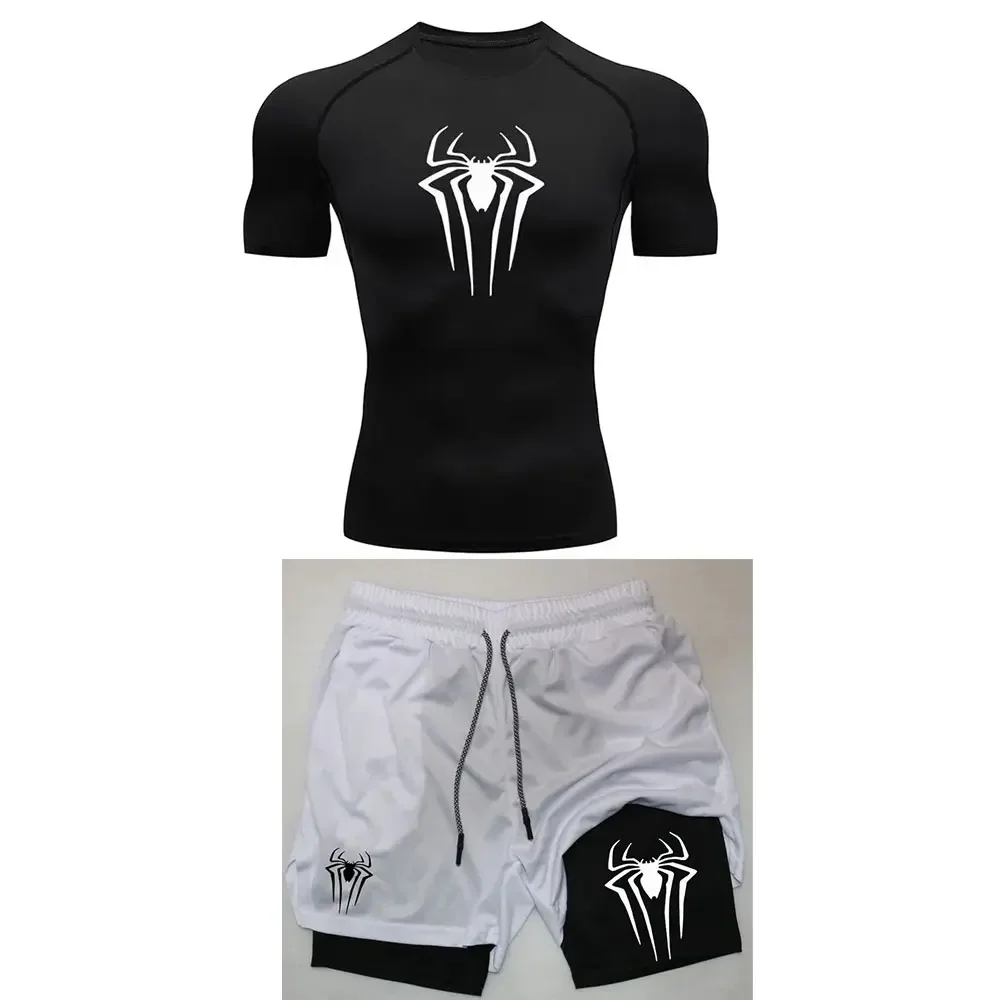 Conjunto de compresión de entrenamiento para hombre, camisetas con estampado de araña Y2K, pantalones cortos transpirables para correr, secado rápido, ropa deportiva
