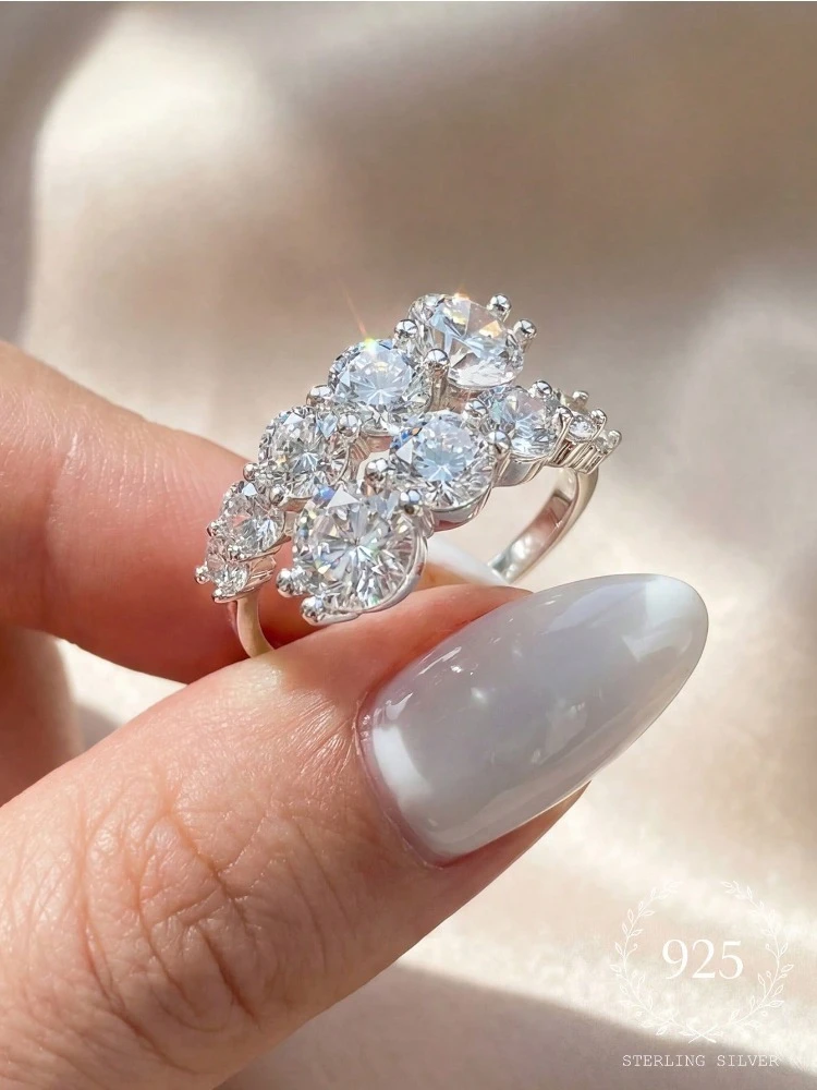 Anillo de circonita redondo ajustable personalizado de Plata de Ley 925 para mujer, joyería fina de alta calidad de lujo para aniversario