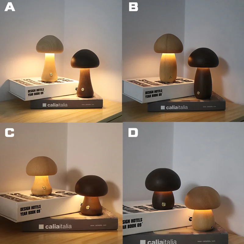 Luz nocturna de setas de madera, Interruptor táctil, lámpara de mesita de noche para dormitorio, madera de haya y nogal, luz de escritorio regulable cálida, recargable por USB