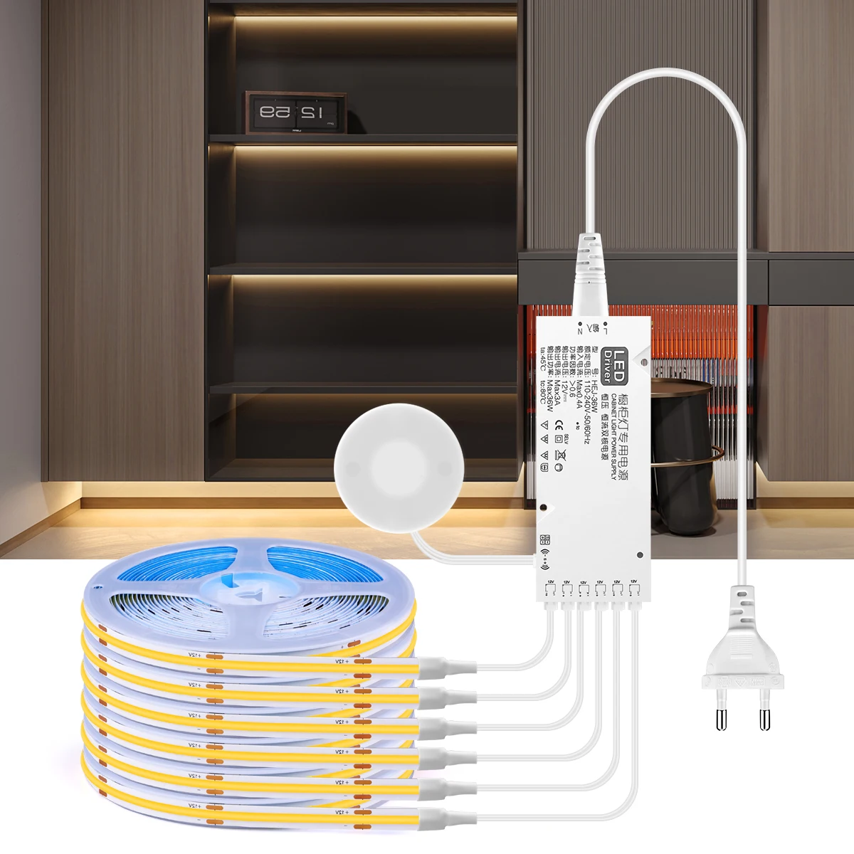Tira de luces LED COB para debajo del armario, lámpara de madera con Sensor de movimiento, atenuador táctil, 1-6 piezas
