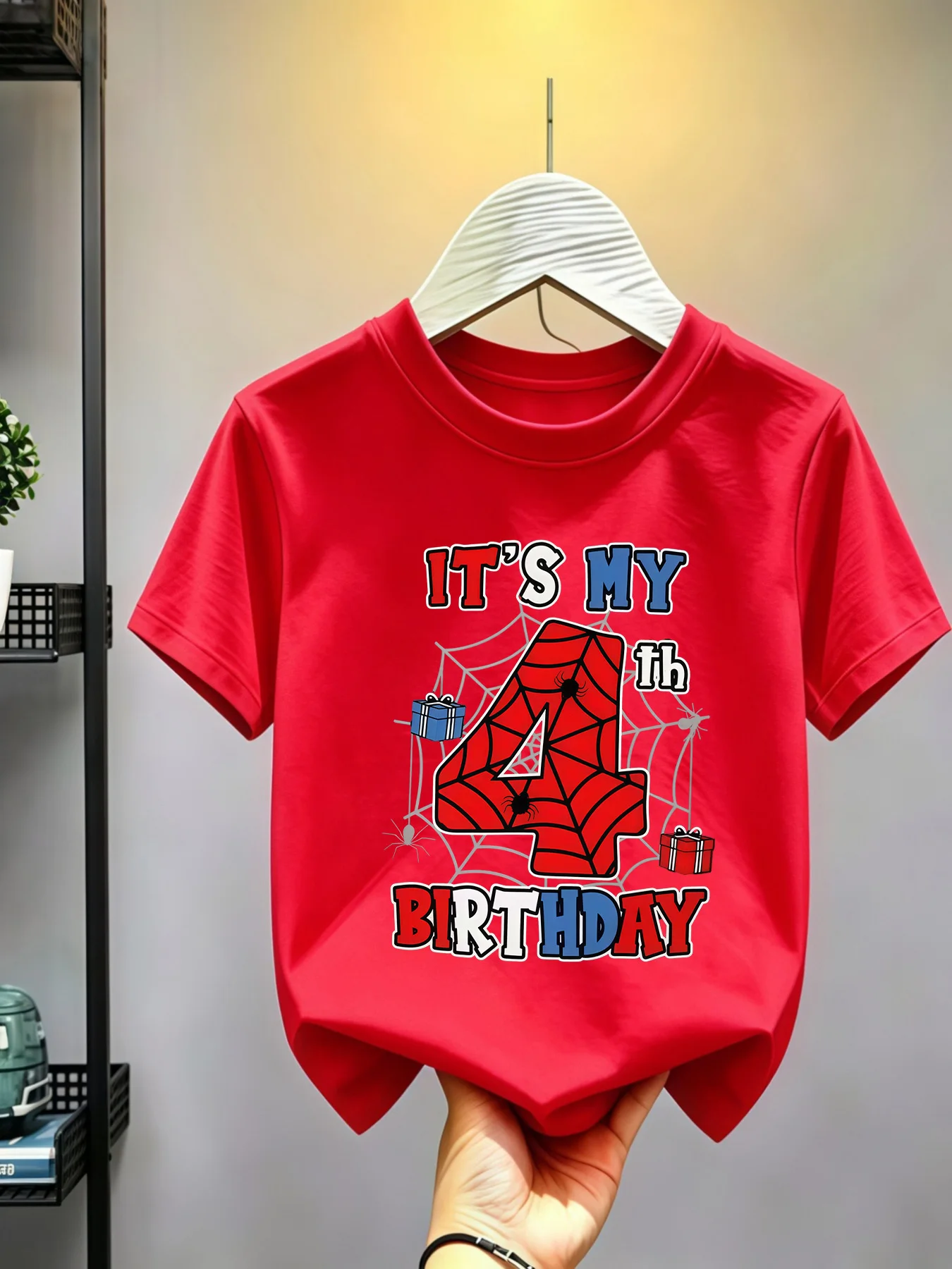 Camisetas de algodón con estampado de telaraña para el 4º cumpleaños, camisetas de manga corta a juego para la familia, para mamá, papá, niños y niñas, uso diario