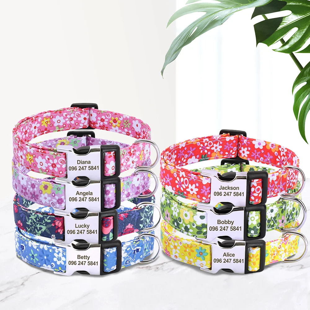 Collar personalizado con estampado Floral para mascotas, Collar de Nylon para perro con grabado gratuito, para perros pequeños, medianos y gatos, etiqueta de identificación de nombre