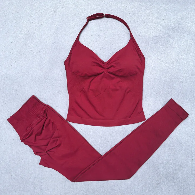 Conjunto de Yoga sin costuras para mujer, 2 uds., camiseta sin mangas acolchada con cuello Halter, mallas de gimnasio para levantamiento de glúteos, ropa deportiva para mujer, ropa de entrenamiento
