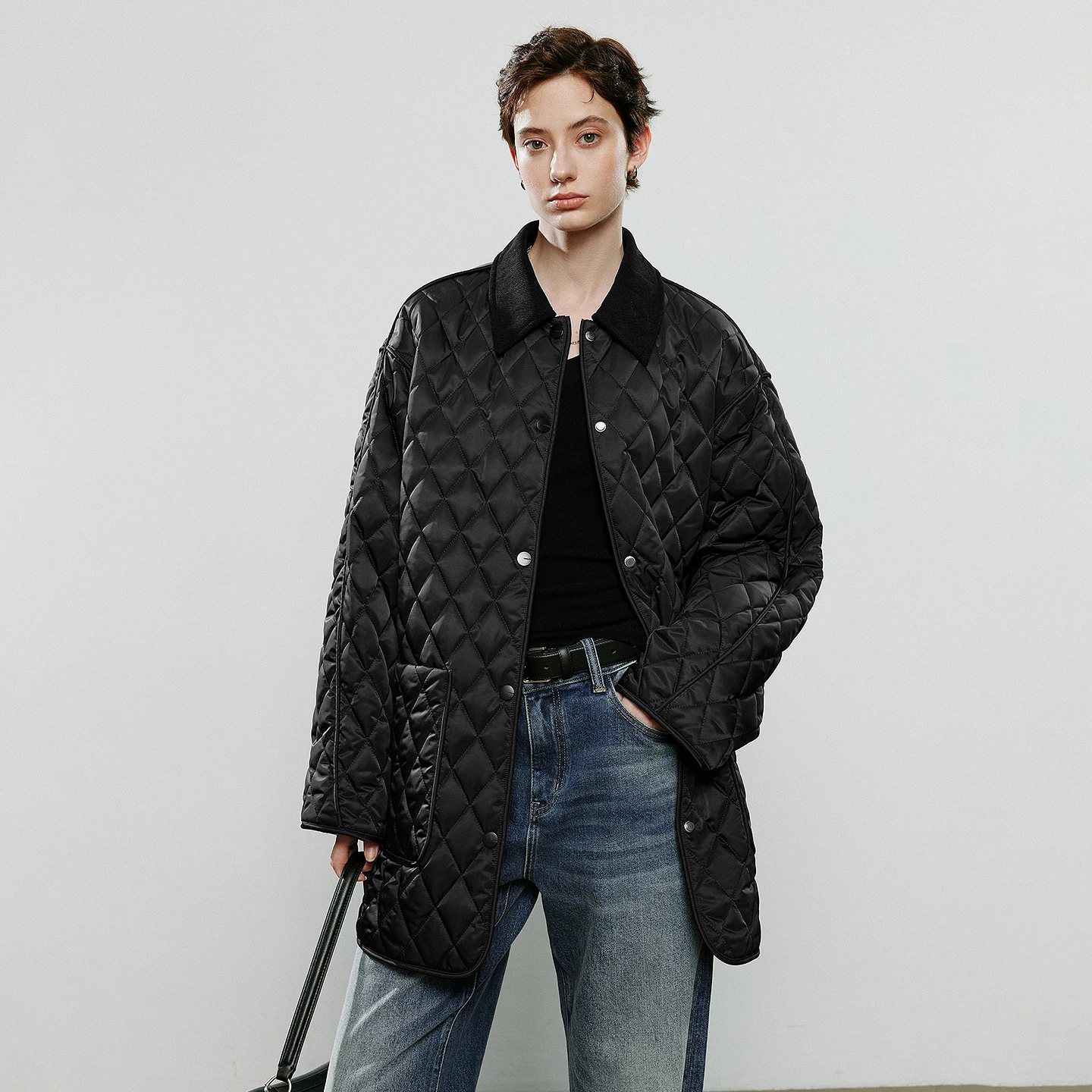TOYOUTH Chaqueta de algodón para mujer 2025 invierno nuevo de lujo Retro diamante rejilla ropa de trabajo bolsillo grande chaqueta de longitud media marrón