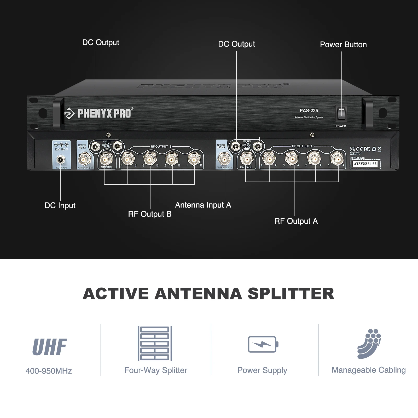 Paquete de sistema de distribución de antena inalámbrica Phenyx Pro UHF, antenas direccionales activas, 8 salidas + 2 puertos en cascada PAS-225X