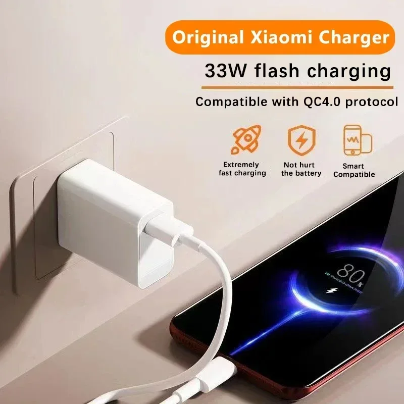 Cargador Xiaomi 33W QC 3,0 carga rápida 6A carga Turbo rápida adaptador de cargador de teléfono móvil Cable USB tipo C para Samsung Xiaomi