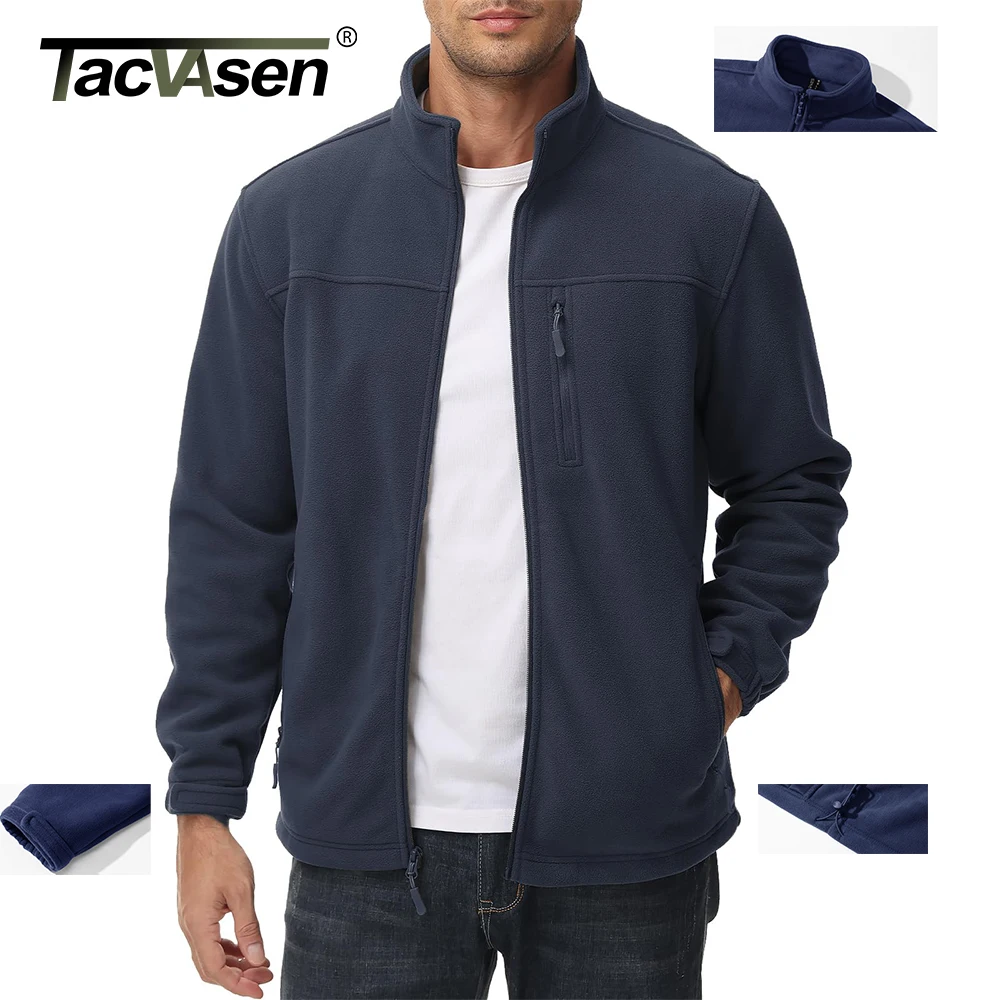 TACVASEN Chaqueta térmica cálida de lana para hombre, cortavientos con cremallera completa y cuello levantado, ropa de abrigo con múltiples bolsillos, abrigo para trabajo y senderismo