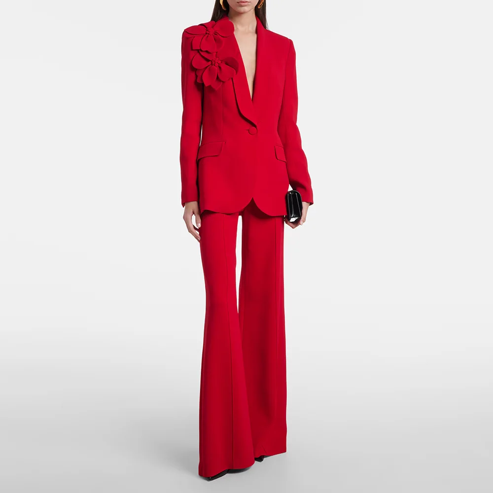 HIGH STREET Última Moda 2026 Conjunto de Traje de Diseñador para Mujer, Chaqueta y Pantalones con Flores Tridimensionales, 2 Piezas