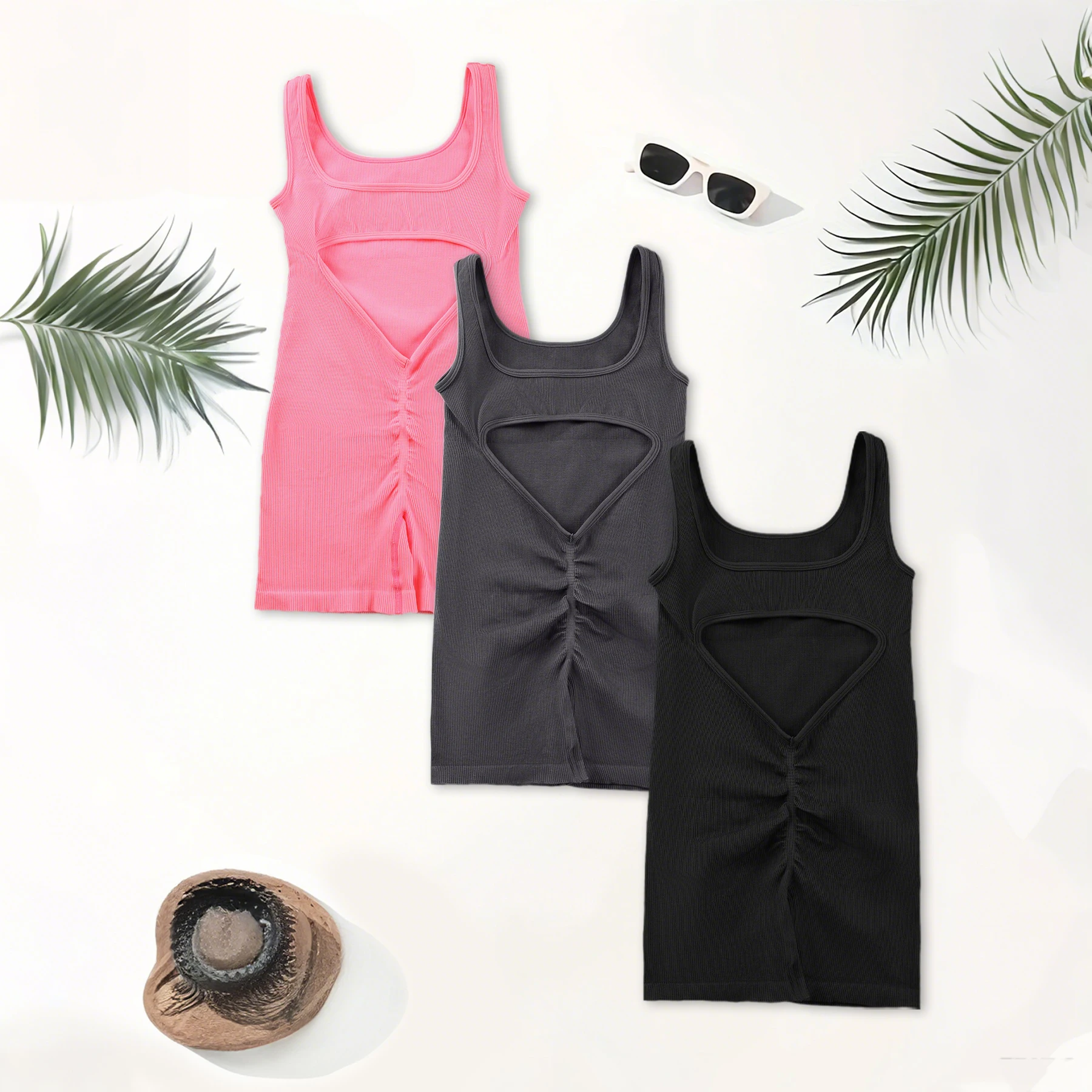 Traje de Yoga con espalda descubierta para mujer, mono deportivo sin mangas con cuello en U, mono elástico roscado de Color sólido sin almohadillas para el busto, 1 Uds.