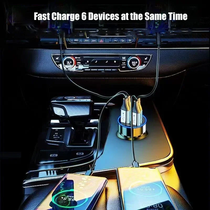 Adaptador de cargador de coche UYUXIO USB C con pantalla de voltaje 6 en 1 súper rápido en el coche para iPhone 16 15 Pro Max Samsung Android Phone
