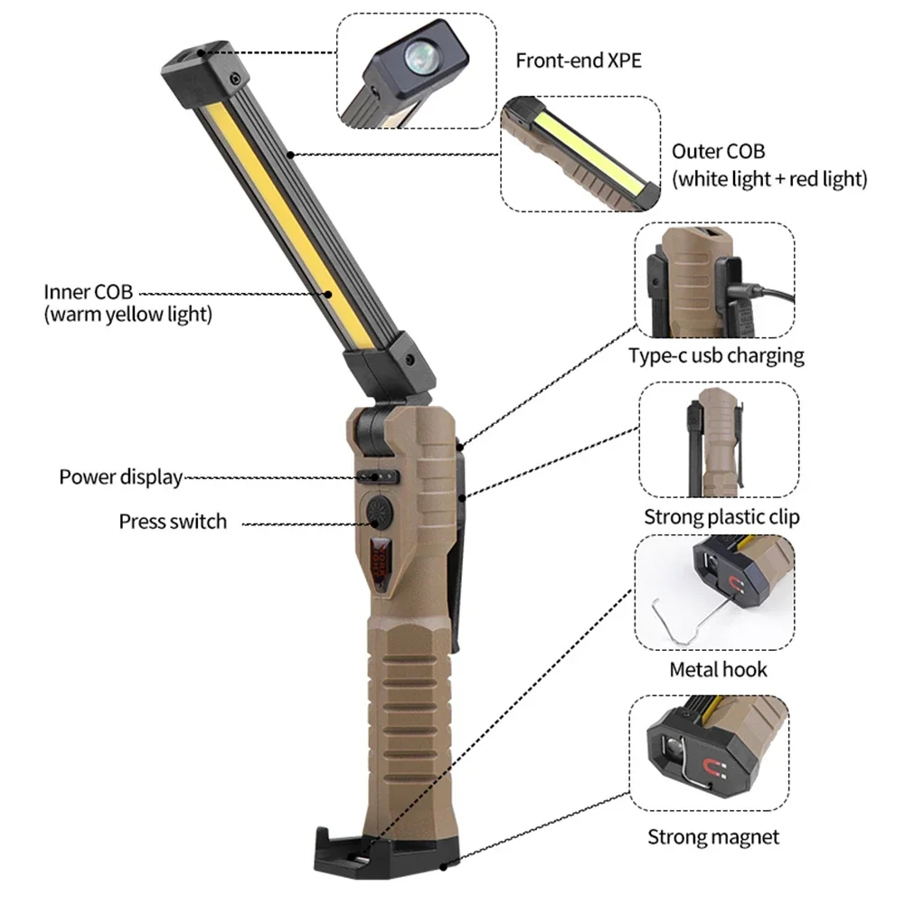 Linterna plegable COB, luz LED de trabajo, gancho colgante, 7 modos, linterna magnética recargable por USB, luz de Flash de trabajo portátil