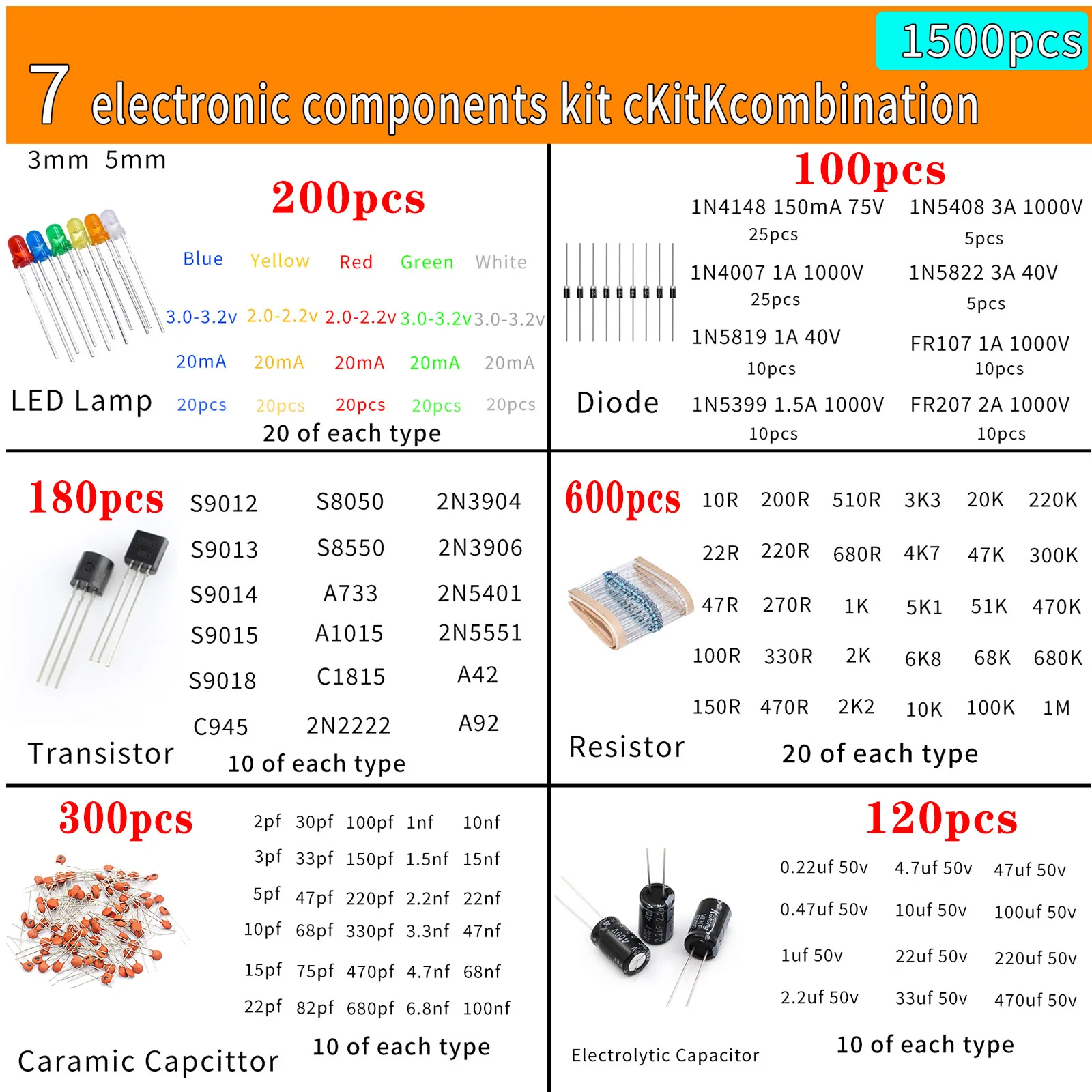Kit surtido de componentes electrónicos, condensadores, rectificador de diodo Led, Transistor de resistencia para Arduino, proyecto de bricolaje, 1500 piezas