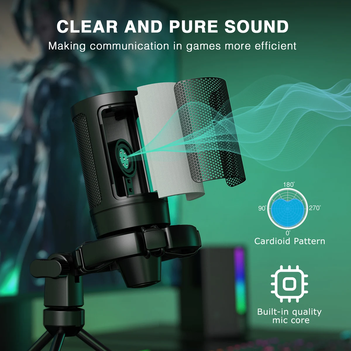 AmpliGame by FIFINE RGB micrófono para juegos USB con sonido táctil, micrófono condensador con trípode para PC, PS4/5, portátil Streaming-A2