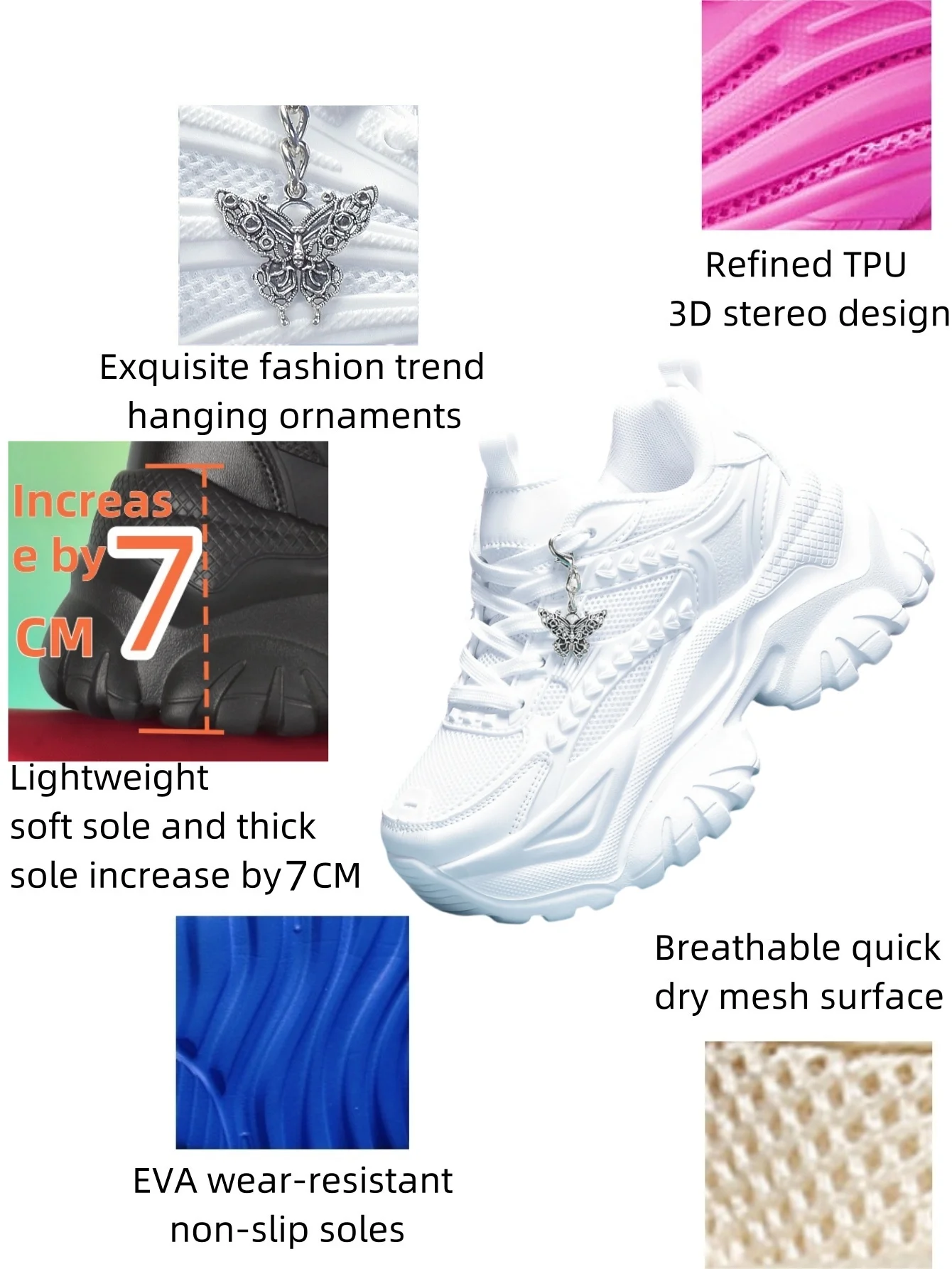 Zapatos vulcanizados informales de moda y versátiles Trbottomyy de suela gruesa blanca de 7cm con zapatos de cadena con colgante decorativo de mariposa plateada, cómodos zapatos vulcanizados de suela blanda para mujer