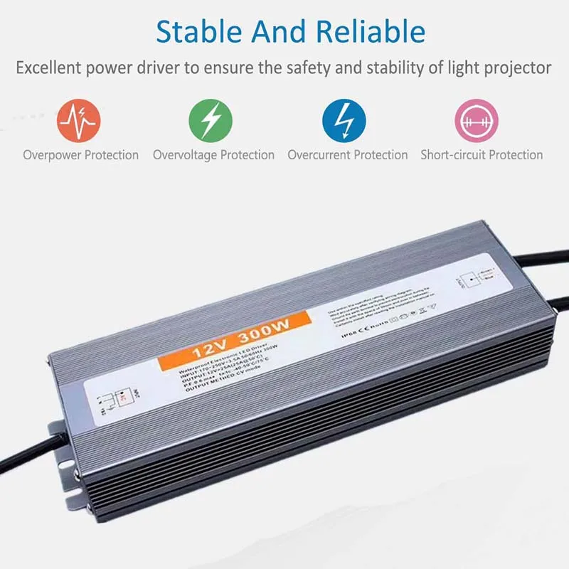 Fuente de alimentación conmutada impermeable DC 12V 24V IP67 ~ IP68 transformador de iluminación LED para exteriores 10W 20W 30W 50W 60W 80W 100W 200W 300W