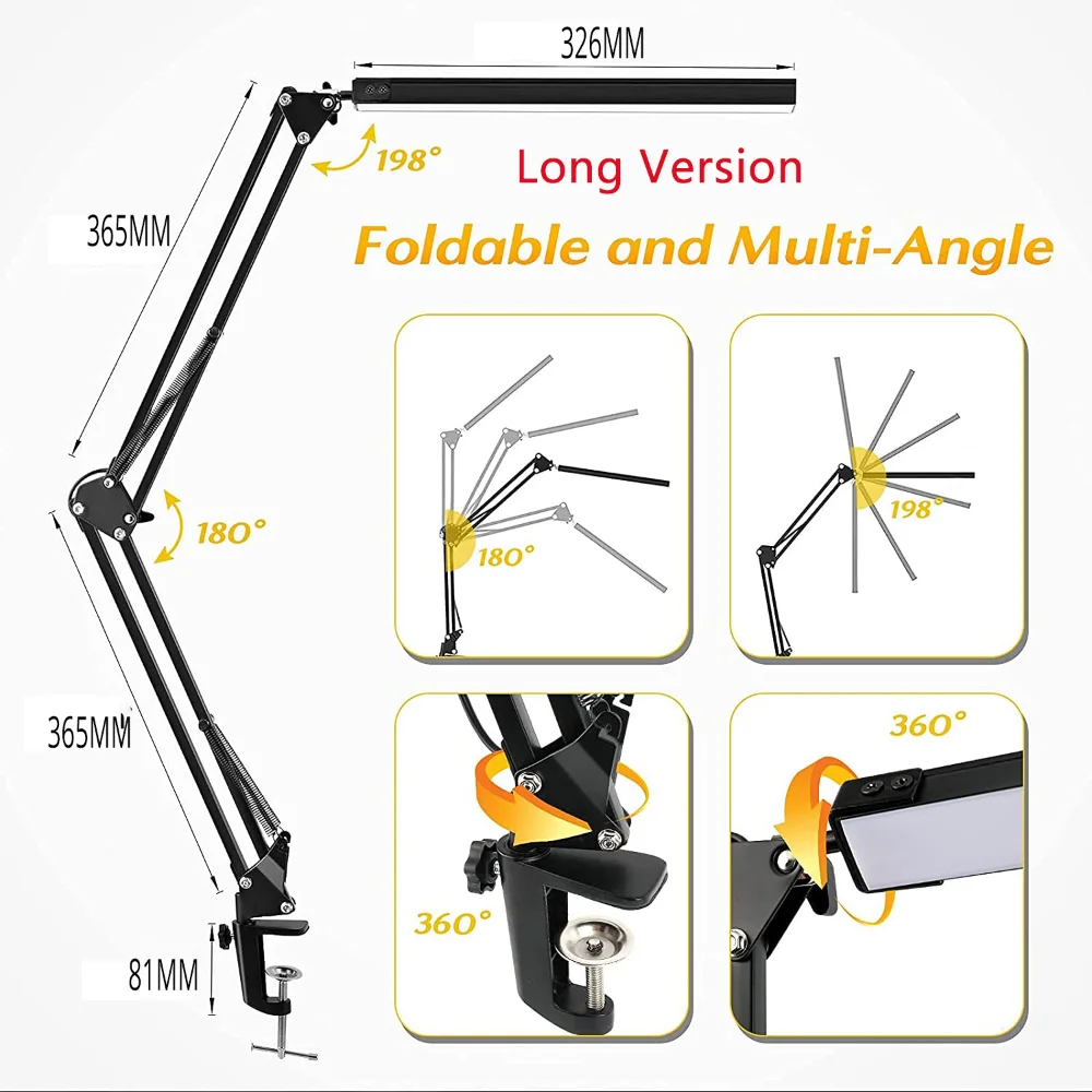 Lámpara de Escritorio LED de 10W con Pinza, Brazo Oscilante Ajustable, Luz de Mesa Regulable, 3 Modos de Color, 10 Niveles de Brillo, Cuidado de la Vista, USB, para Lectura