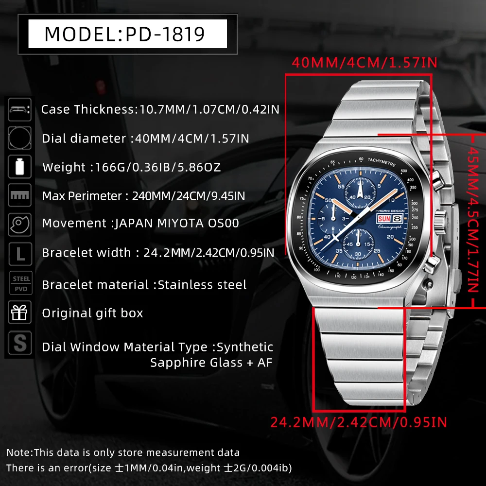 Reloj cronógrafo cuadrado PAGANI DESIGN PD1819 para hombre, movimiento japonés Miyota OS000, cristal de zafiro, reloj deportivo resistente al agua.