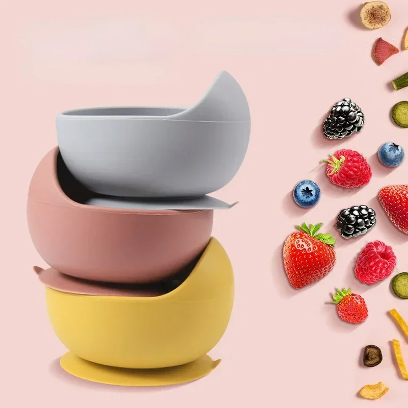 Juego de platos de silicona de grado alimenticio para niños, tazón de alimentación de bebé, plato de succión, taza de paja, cuchara de madera, tenedor, vajilla para niños, platos para niños pequeños