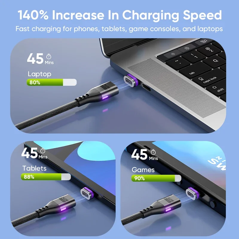 AUFU PD240W Cable magnético tipo C para Macbook PC 5A imán de carga súper rápida USB-C cargador Cable de datos para iPhone Samsung Xiaomi