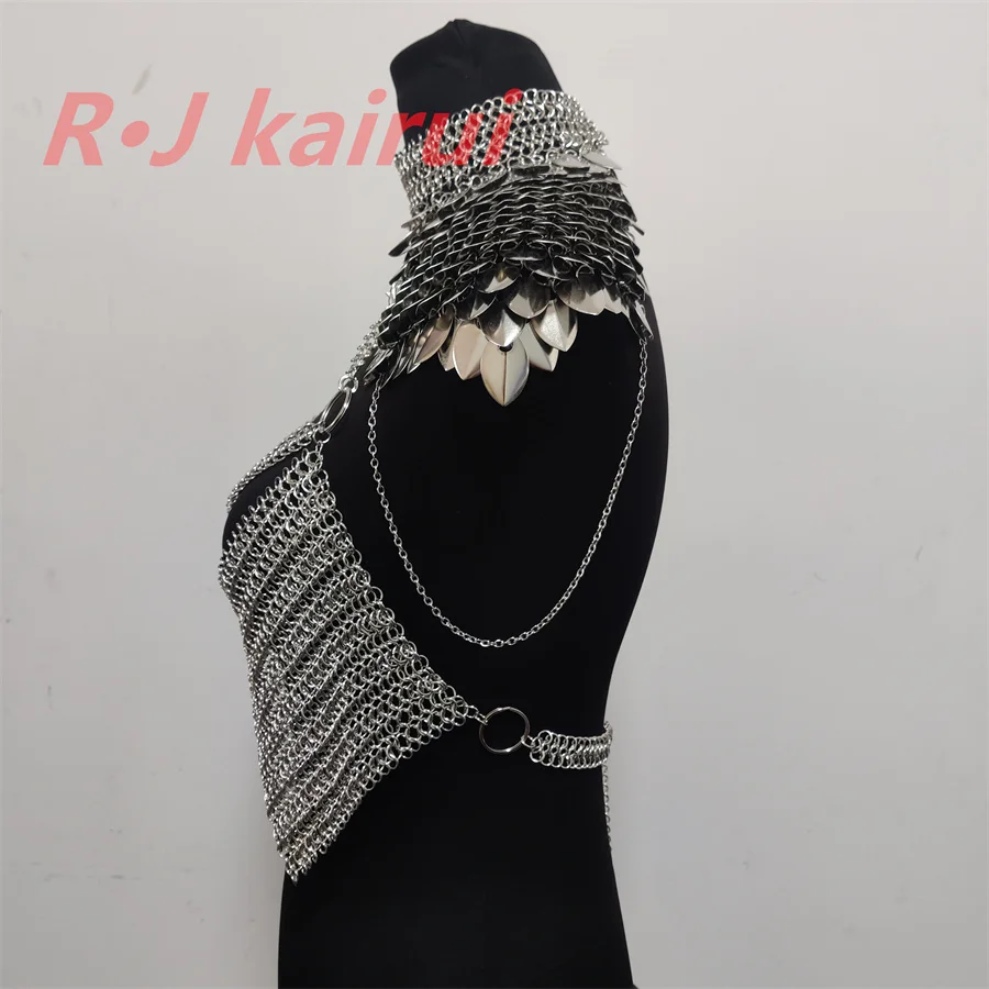 Nueva moda Metal sirena escamas de pescado cuello hombro cadenas capas cota de malla dragón escala hombro joyería 3 colores