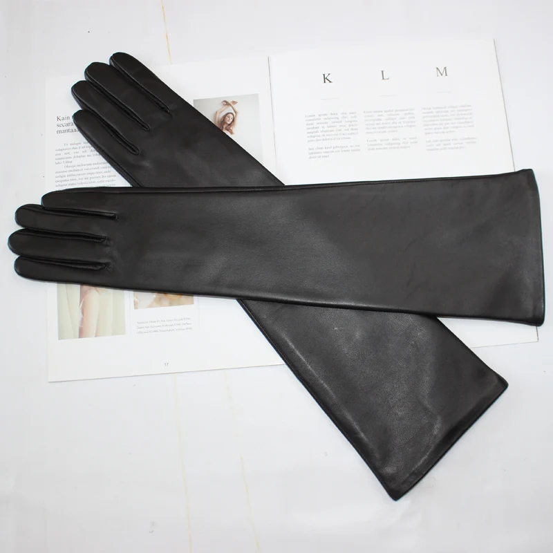 Nuevos guantes largos de piel de oveja para mujer, guantes de invierno de piel auténtica con forro de terciopelo cálido y versátil de Color sólido