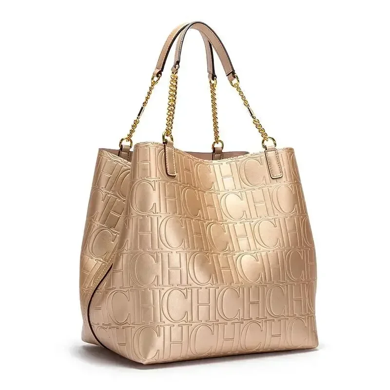 Bolso Tote CH para Mujer, Bolso de Mano de Diseñador de Lujo, Bolso de Hombro de Cuero Repujado a la Moda, Elegante Bolso Tote con Cadena Dorada para Uso Diario