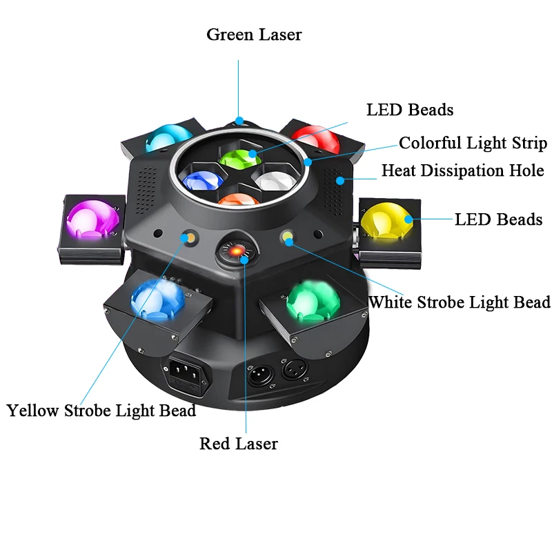 Luz Móvil de 6 Brazos y 150W con Efecto de Haz Láser y Estroboscópico, DMX, Rotación para Escenarios, DJ, Discotecas, Bares, Espectáculos, Luces LED de Haz de Color Completo