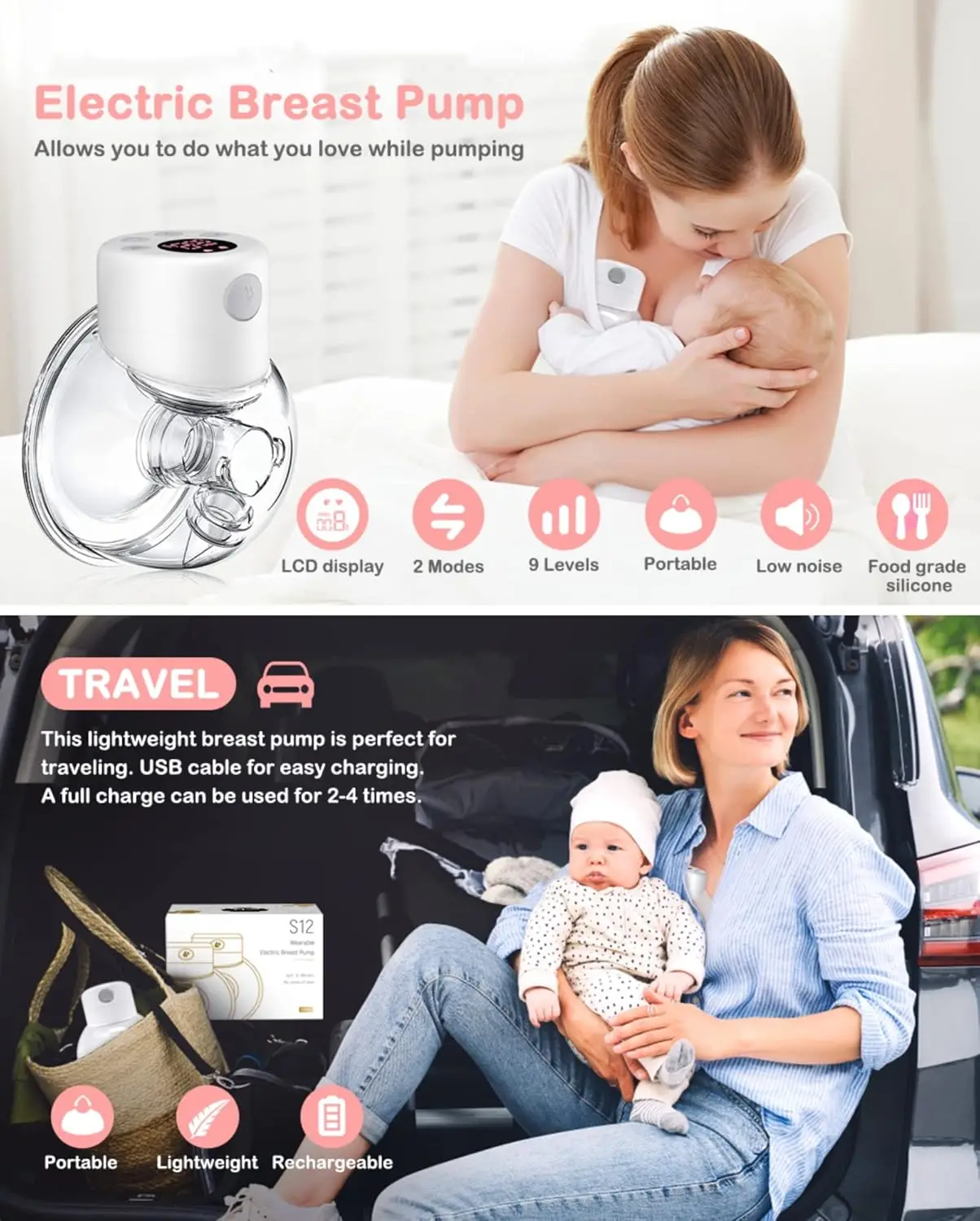 BornBL S12 extractor de leche eléctrico doble/simple, extractor de leche portátil manos libres para mamá, extractor de lactancia deslizante para bebé