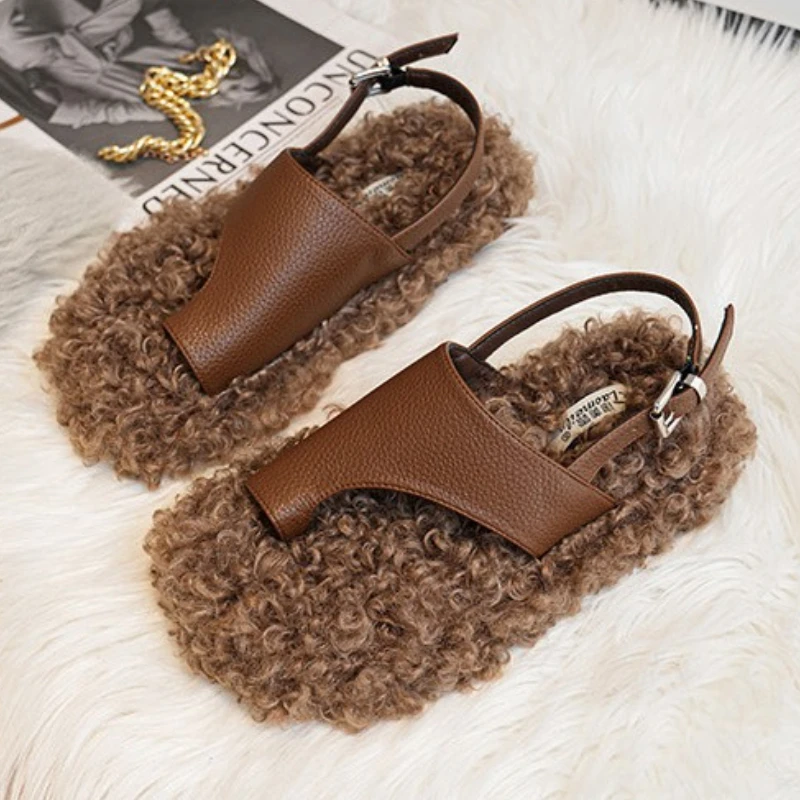 Zapatillas planas cómodas y cálidas para Mujer, Zapatos De diseñador con hebilla y correa trasera a la moda, chanclas De talla grande 42