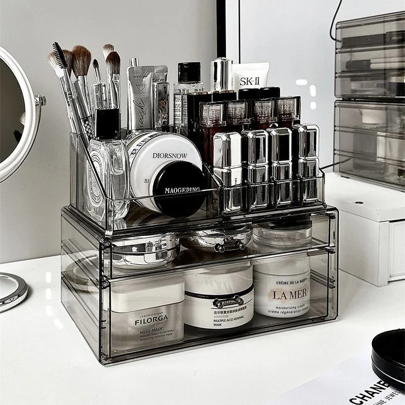 Organizador de Maquillaje Acrílico con Cajones, Caja de Almacenamiento de Cosméticos, Tocador, Soporte para Pinceles de Labios y Cuidado de la Piel, Cajones para Dormitorio y Baño
