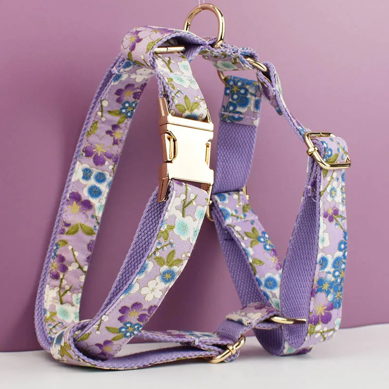 Arnés Ajustable para Perro, Estampado Morado, Algodón Suave, Collar Personalizado para Perro, Juego de Correas y Arnés con Lazo, Accesorios para Perro, Flores 03