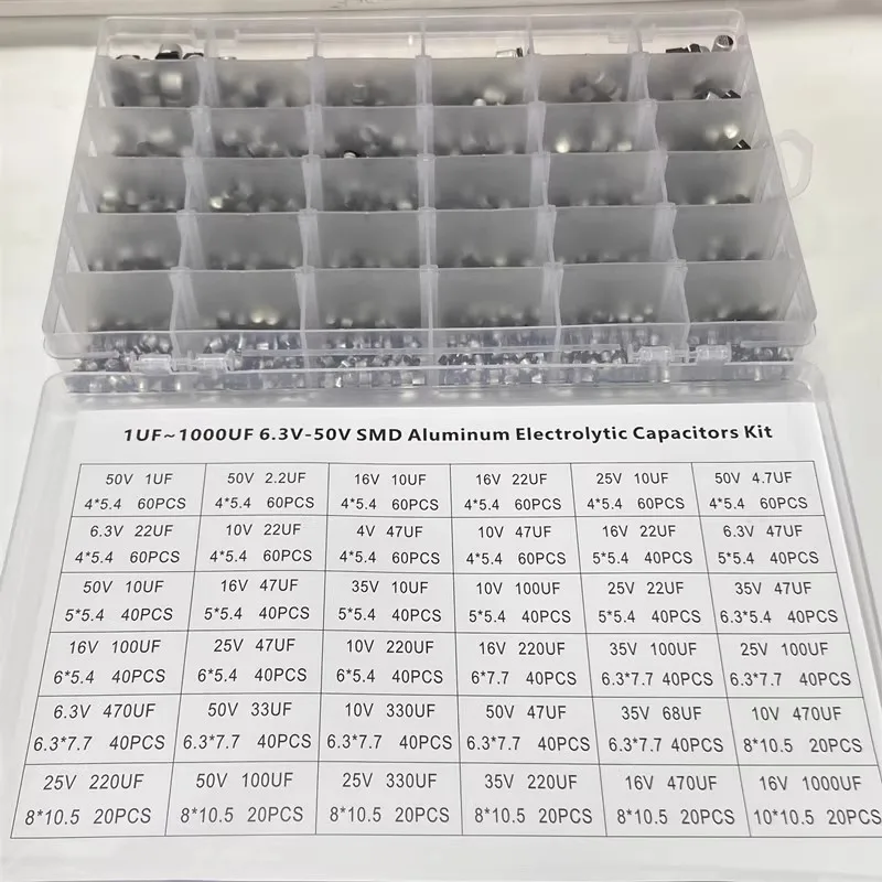 1500 Uds 1UF-1000UF 6,3 V-50V SMD Kit de condensadores electrolíticos de aluminio caja de muestra SMD
