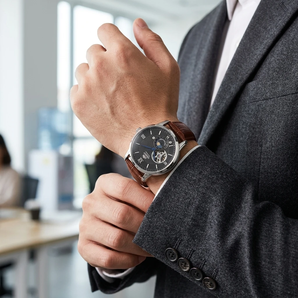 Reloj Mecánico Automático Orient para Hombre, Fase Solar y Lunar, Esfera Esqueletizada, Correa de Cuero con Textura de Cocodrilo, Reloj de Pulsera para Caballero de Negocios