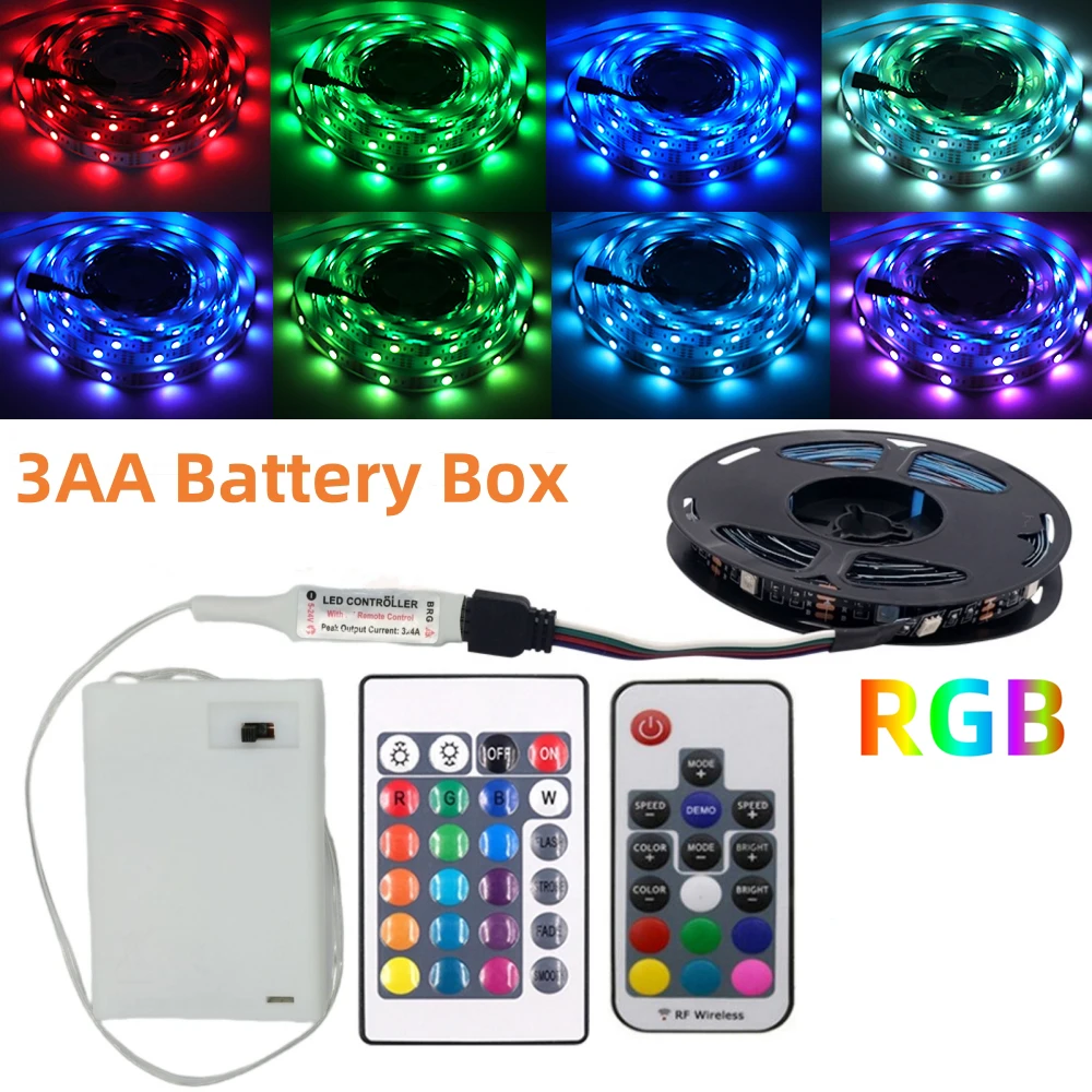 Tira de luces Led RGB con batería 3AA, 5V, 5050, con Control remoto de 3/17/24 teclas, cinta Flexible, luz Led impermeable, retroiluminación de TV
