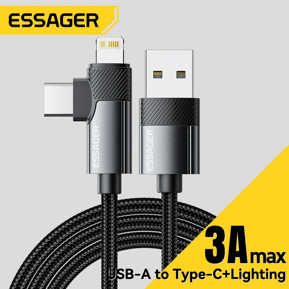 Essager PD 2 en 1 Cable USB A ángulo de 90 grados tipo C/Cable de carga rápida Lightning para iPhone 16 15 14Pro Max iPad Xiaomi Huawei