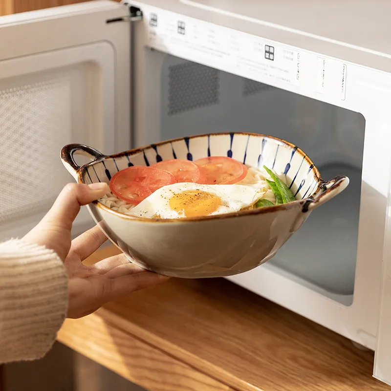 Cuenco de fideos japonés para el hogar, tazón de sopa de cerámica con mango, ensalada, Pasta, vajilla de cocina, horno microondas, utensilios para horno, 7,5 pulgadas