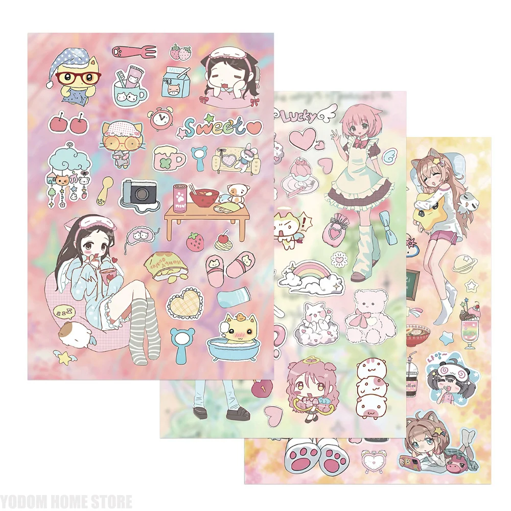 8 Hojas de Adhesivos con Dibujos Animados de Chicas Anime para Manualidades, Suministros de Scrapbooking, Material Kawaii