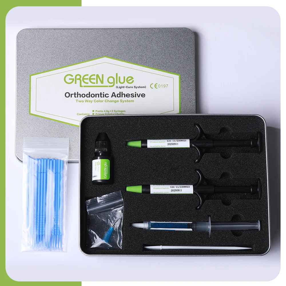 Aparatos dentales adhesivos de pegamento verde ortodoncia Universal curado ligero para tubo de soporte decoración de cristal Kit de tirantes de pegamento para dientes Wit