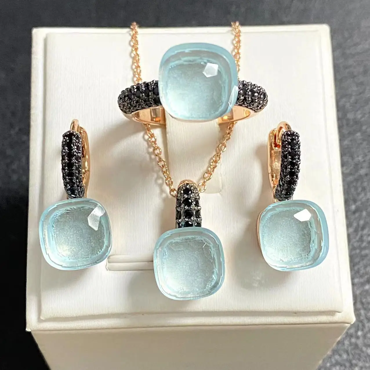 3 unids/set de pendientes de anillo para mujer, conjunto de joyería con incrustaciones de pistola de circón negro, conjunto de joyería de cristal chapado en negro, regalo de joyería