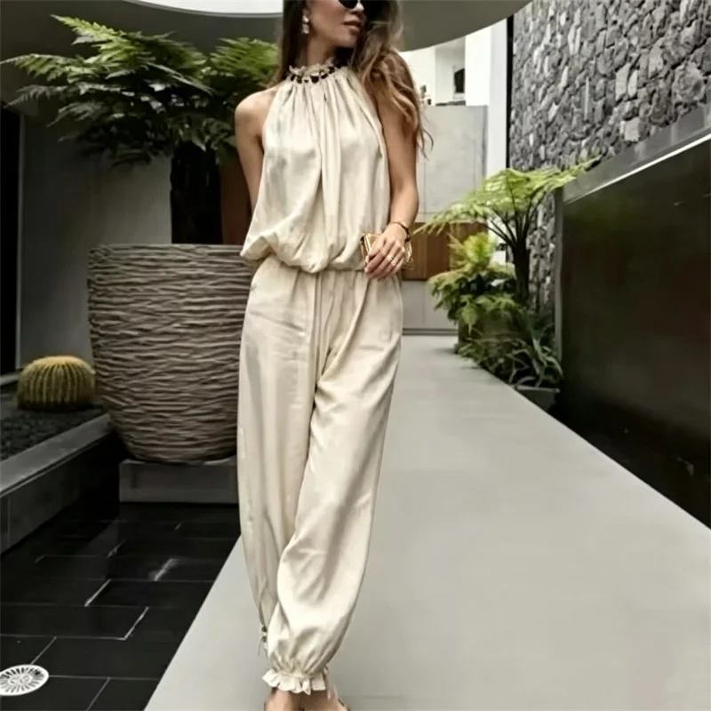 Conjunto de 2 Piezas para Mujer 2026: Top Halter sin Mangas con Cuentas y Pantalones Holgados con Cintura Elástica